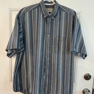 Vtg Eddie Bauer Mens Button Up Gray/Blue/White Stripe Short Sleeve Shirt Sz L
